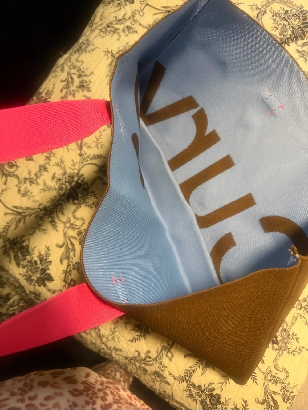 Brown Canvas Tote with Pink Handles and Light Blue Detail - CURVE TOTE